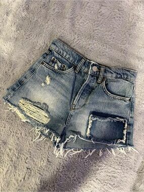 BDG High Waist Distressed Blue Denim Patch Jean Shorts Jorts